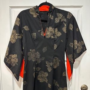 1950's Noel of Hawaii Dress Black Red Gold Floral Vintage Size 12 Side Slits Zip
